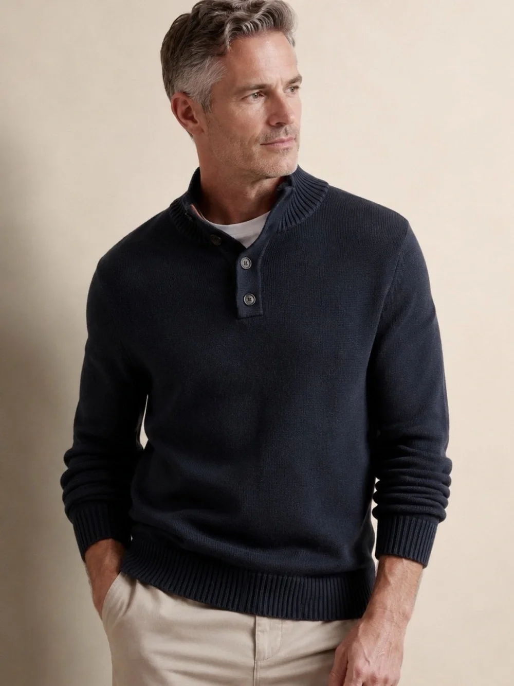 Banana Republic Navy Blue Henley Button Collared Wool Blend Sweater M Fast Ship
